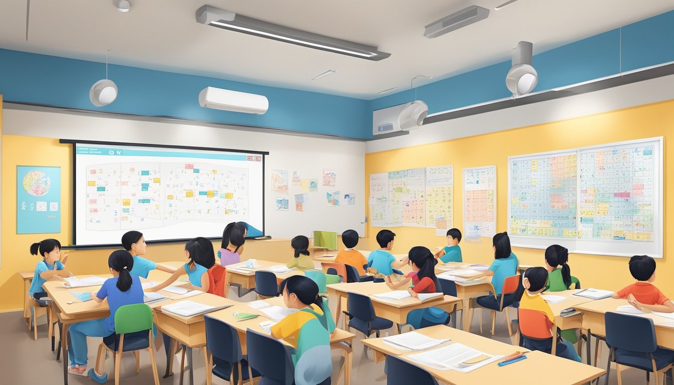 A bustling Chinese tuition centre in Yishun, filled with eager students and dedicated teachers. Whiteboards covered in Chinese characters, colorful posters adorning the walls, and the sound of lively discussions filling the air