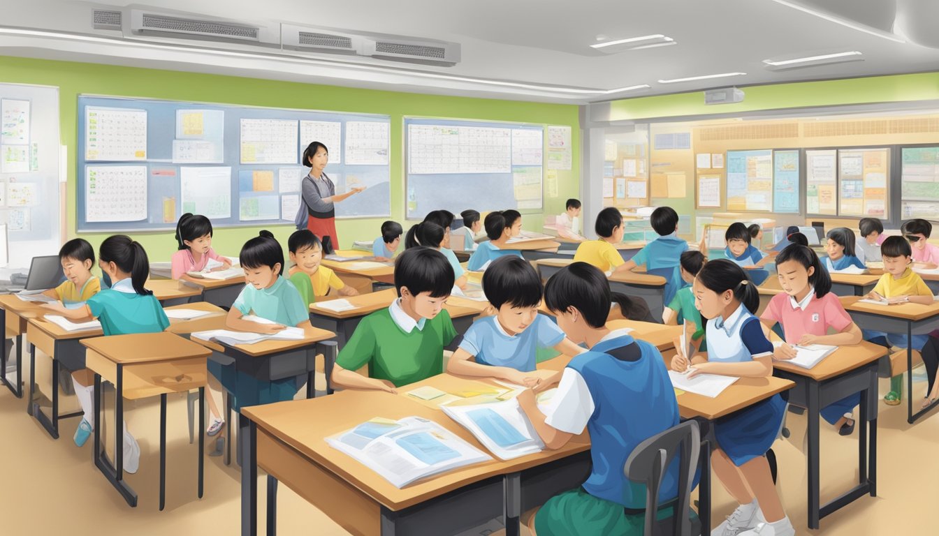 A bustling Chinese tuition centre in Yishun, with students engrossed in learning and teachers guiding them through the programme details