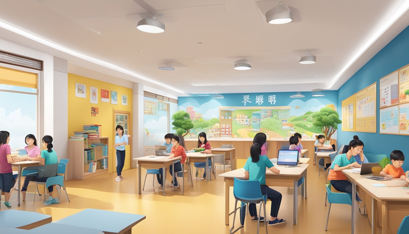 A bustling Chinese tuition centre in Yishun, with students engaged in learning activities, colorful posters on the walls, and a welcoming reception area