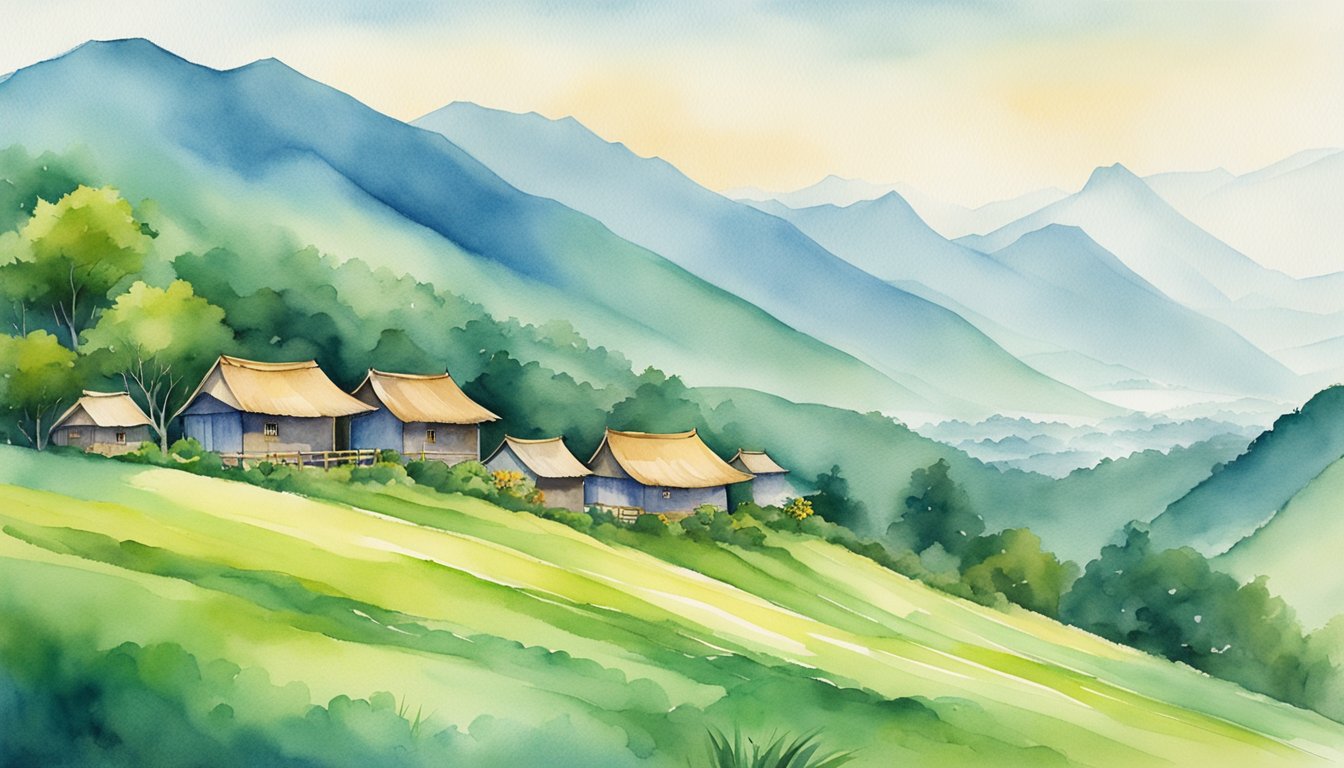 Vibrant traditional huts nestled among lush green hills, with a backdrop of majestic mountains and a clear blue sky