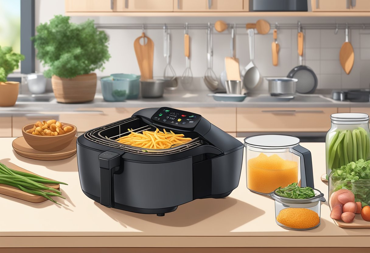 Ingredients and cooking utensils arranged on a kitchen counter, with an air fryer in the background. A recipe book is open, and a hand is adjusting the settings on the air fryer