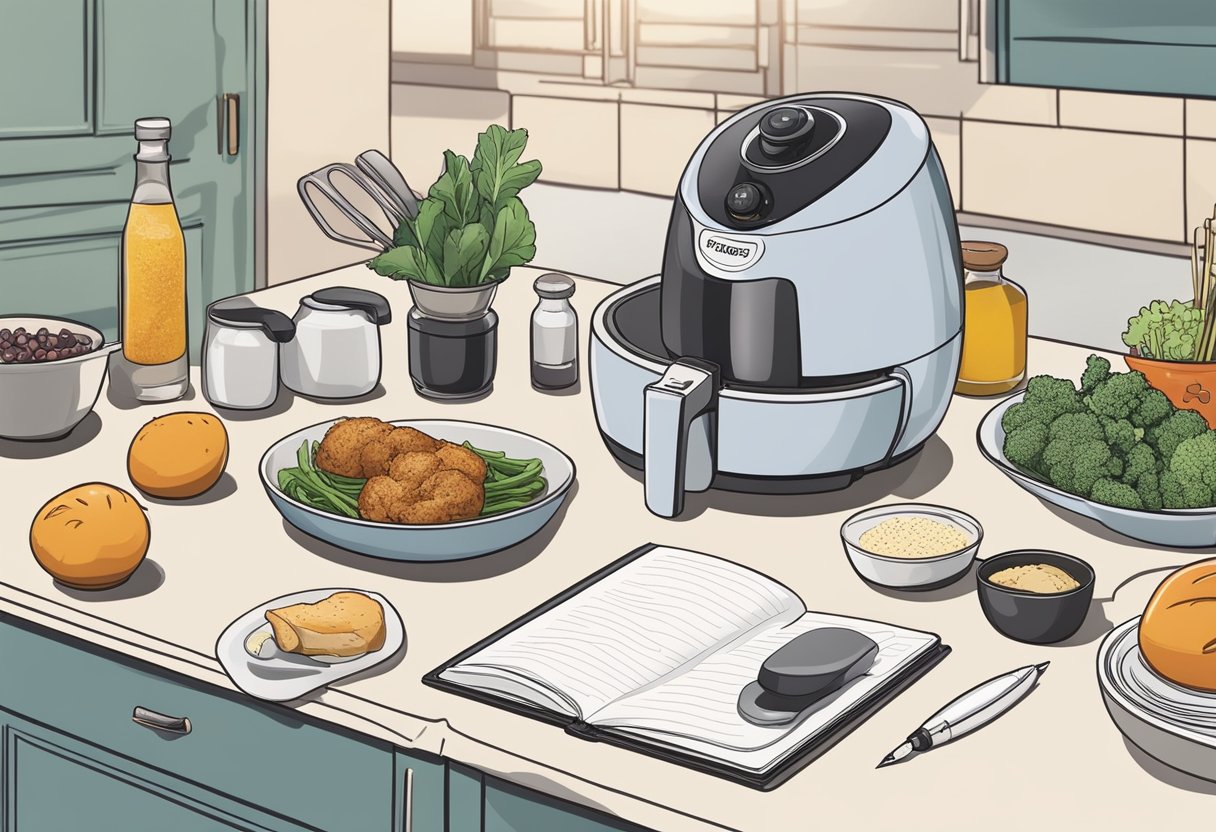 A kitchen counter with an air fryer, recipe book, and various ingredients laid out for conversion. A pen and paper are nearby for note-taking