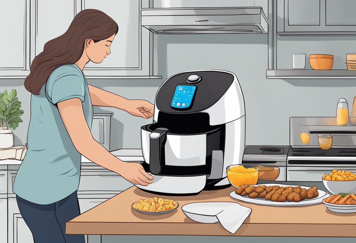 A person adjusting air fryer settings with caution. Ingredients and recipe book nearby. Safety manual open