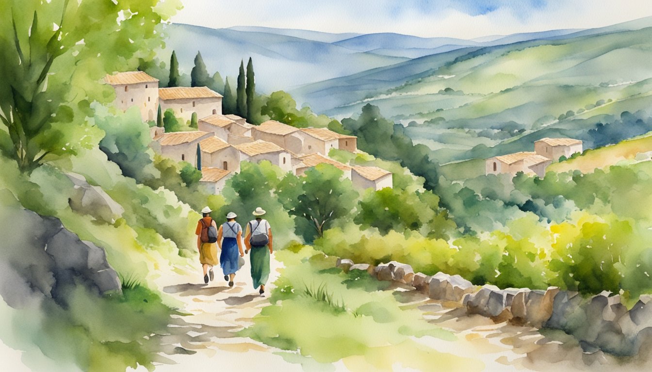 Pilgrims trek through lush green hills, passing ancient stone churches and quaint villages along the Way of St. James in Spain