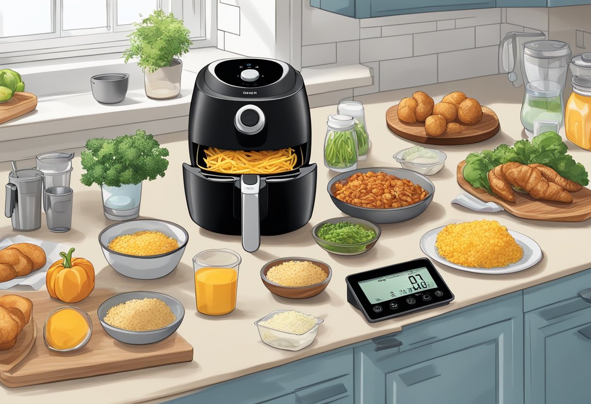 A kitchen counter with an air fryer, recipe books, measuring cups, and conversion charts spread out for reference