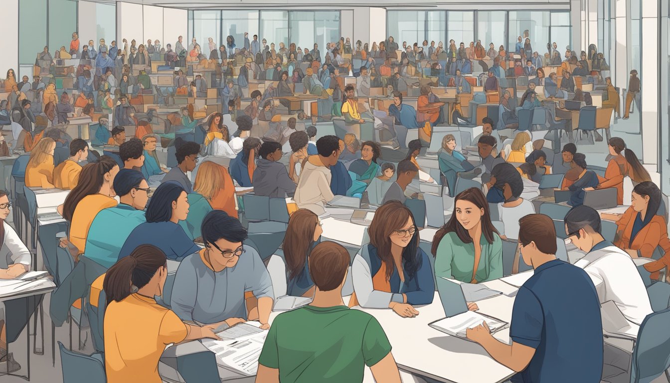 A bustling forum with eager students and tutors discussing tuition services and opportunities at Tuition Services and Opportunities West