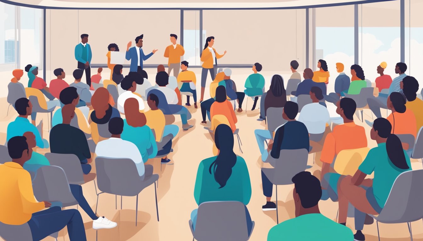 A group of people gather in a forum hall, discussing frequently asked questions about tuition in the western region