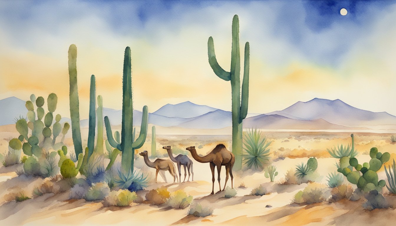 The scorching sun beats down on the sandy desert floor, where cacti stand tall and resilient, while camels and lizards navigate the harsh terrain with ease