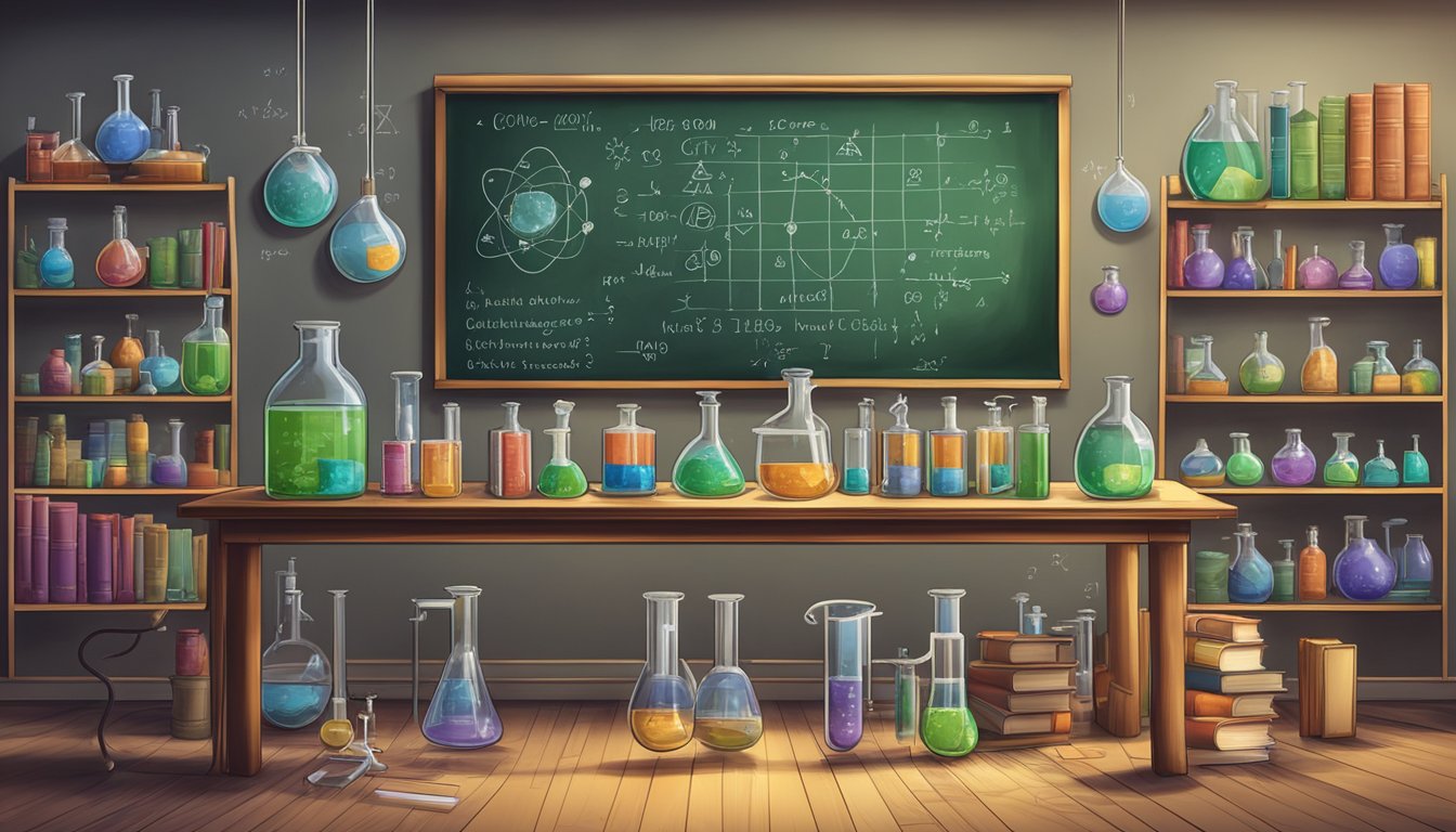 Chemistry tuition rates displayed on a chalkboard with equations and diagrams. Books and lab equipment scattered around the room