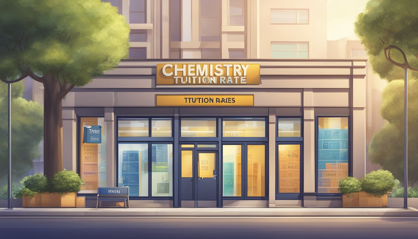A chemistry tuition rates sign hangs outside a modern building, with a stack of textbooks and a periodic table on a desk inside