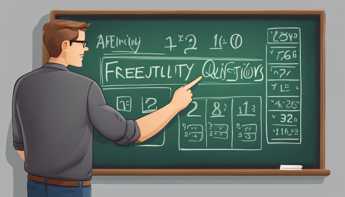 A chalkboard with "Frequently Asked Questions" and "Chemistry Tuition Rates" written in bold letters. A teacher pointing at the board