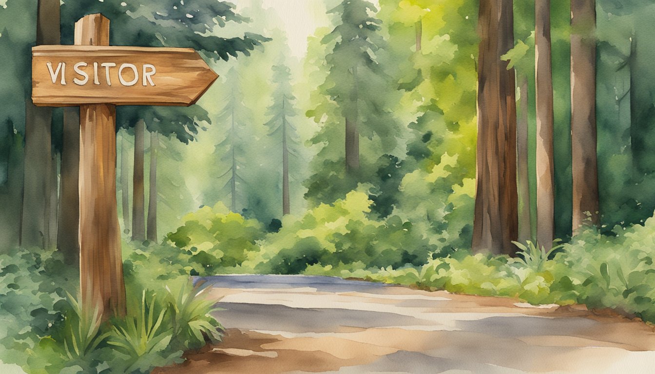 A wooden sign stands in front of lush green trees, displaying "Visitor Information and Amenities" for Redwood National Park