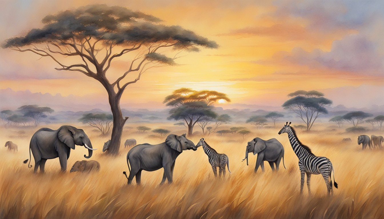 Lions roam freely in the golden savannah, while giraffes gracefully graze on the treetops.</p><p>Elephants and zebras gather at a watering hole, as the sun sets over the African horizon