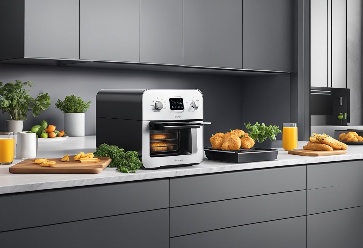 A sleek kitchen countertop with three air fryer styles: basket, dual basket, and toaster oven. Each one is positioned neatly, showcasing their performance and efficiency