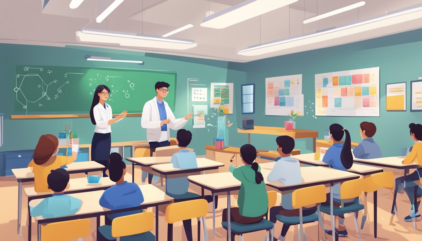 A chemistry tutor teaches a class in a bright, modern classroom in Bishan, with students engaged in experiments and discussions