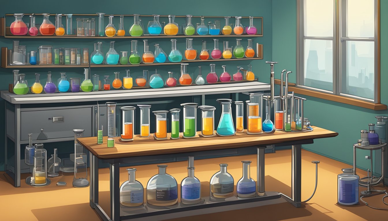 A laboratory table with beakers, test tubes, and a Bunsen burner. A periodic table hangs on the wall