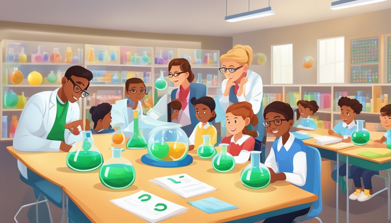 A chemistry tutor explains concepts using visual aids in a bright, organized classroom