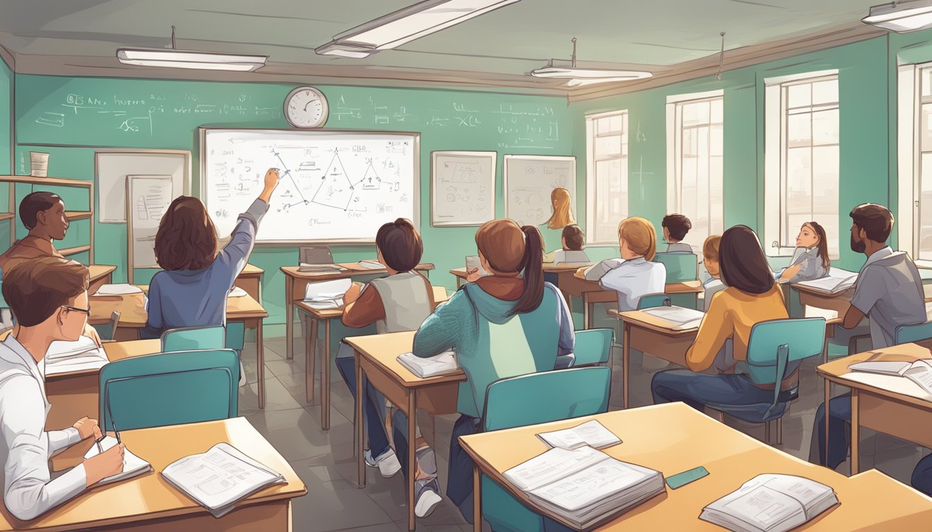 A classroom with chemistry textbooks and notes, a whiteboard with chemical equations, and students engaged in discussions