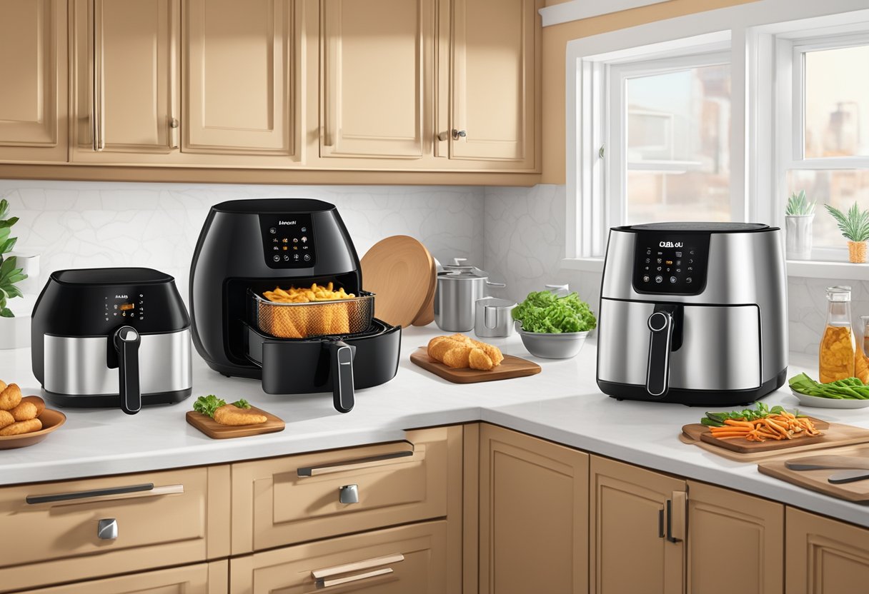 An air fryer sits on a kitchen countertop, surrounded by various cooking utensils. The different styles - basket, dual basket, and toaster oven - are displayed next to the air fryer, showcasing their ease of use and maintenance