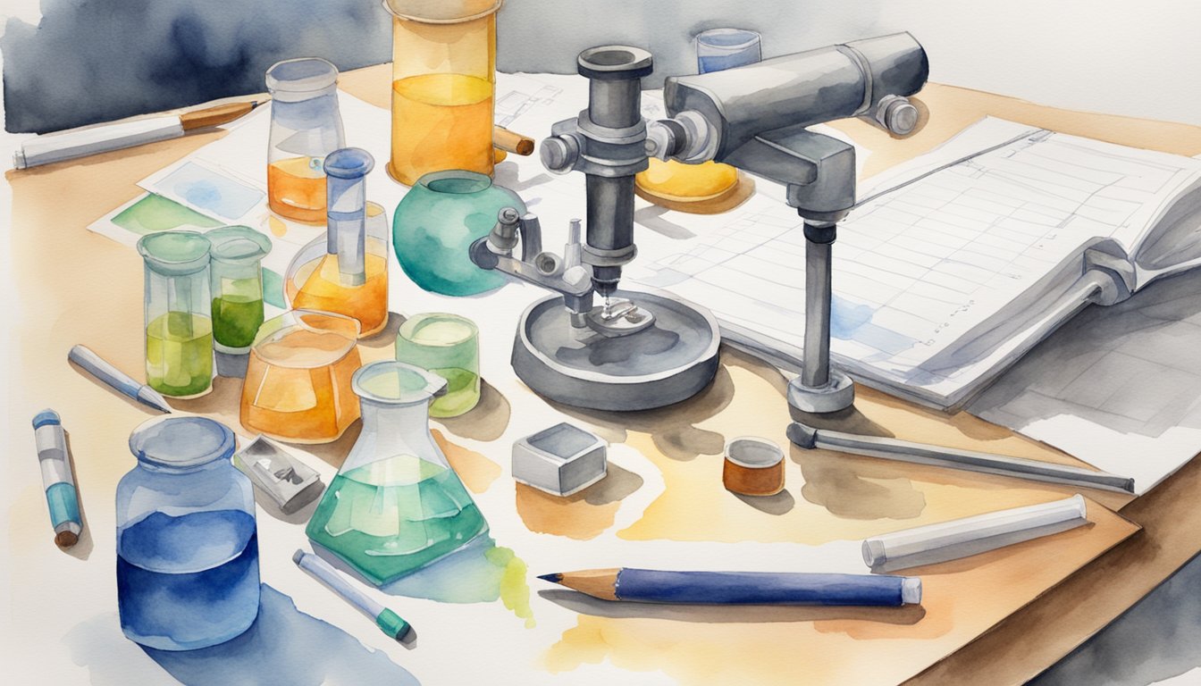 A table covered in science fair project materials, including a poster board, beakers, test tubes, and a microscope.</p><p>A notebook and pencil sit nearby for recording observations