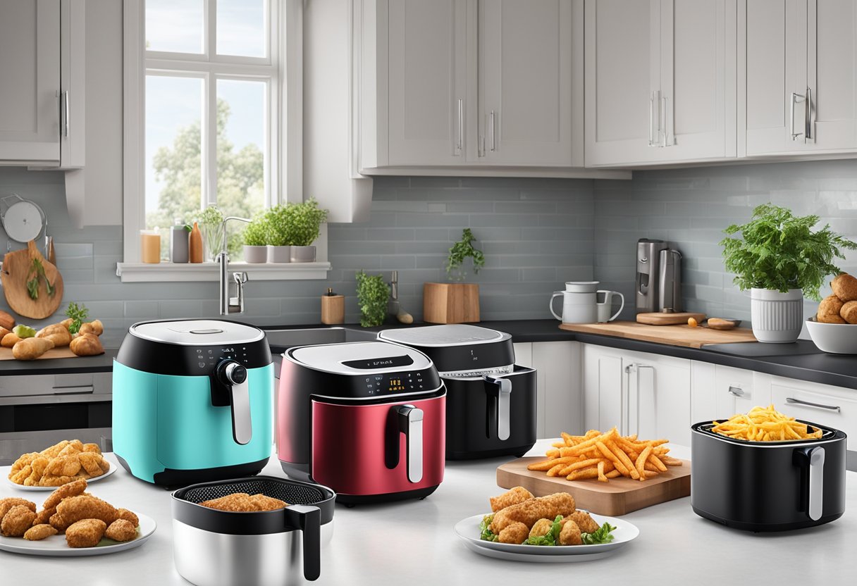 An assortment of air fryer sizes arranged on a kitchen countertop, with varying capacities and dimensions clearly visible