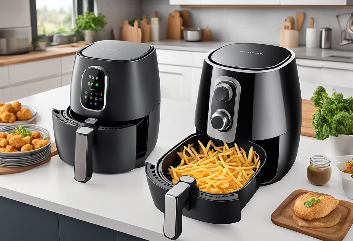 An air fryer sitting on a kitchen counter, with various sizes of food items surrounding it to depict the need for different air fryer sizes