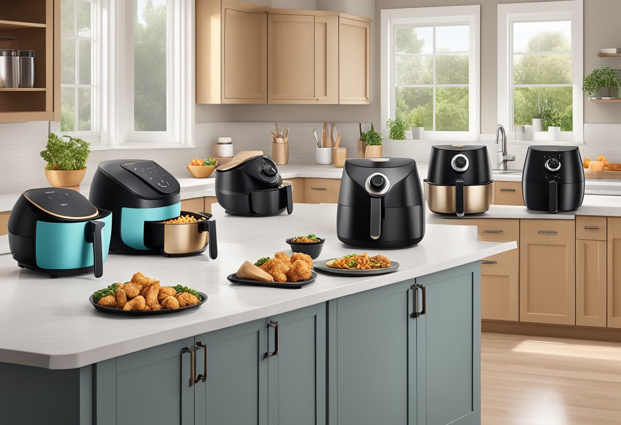 A variety of air fryer brands and sizes arranged on a kitchen counter for comparison