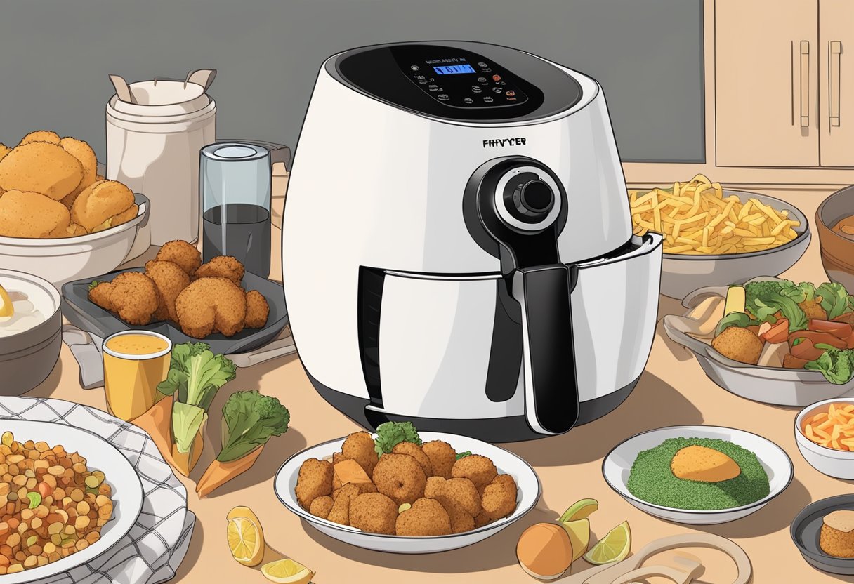 An air fryer surrounded by various sizes of food items, with a measuring tape nearby for reference