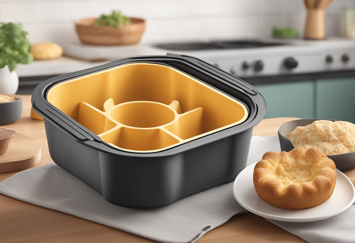 A silicone baking mold sits inside an air fryer, ready to be used for cooking