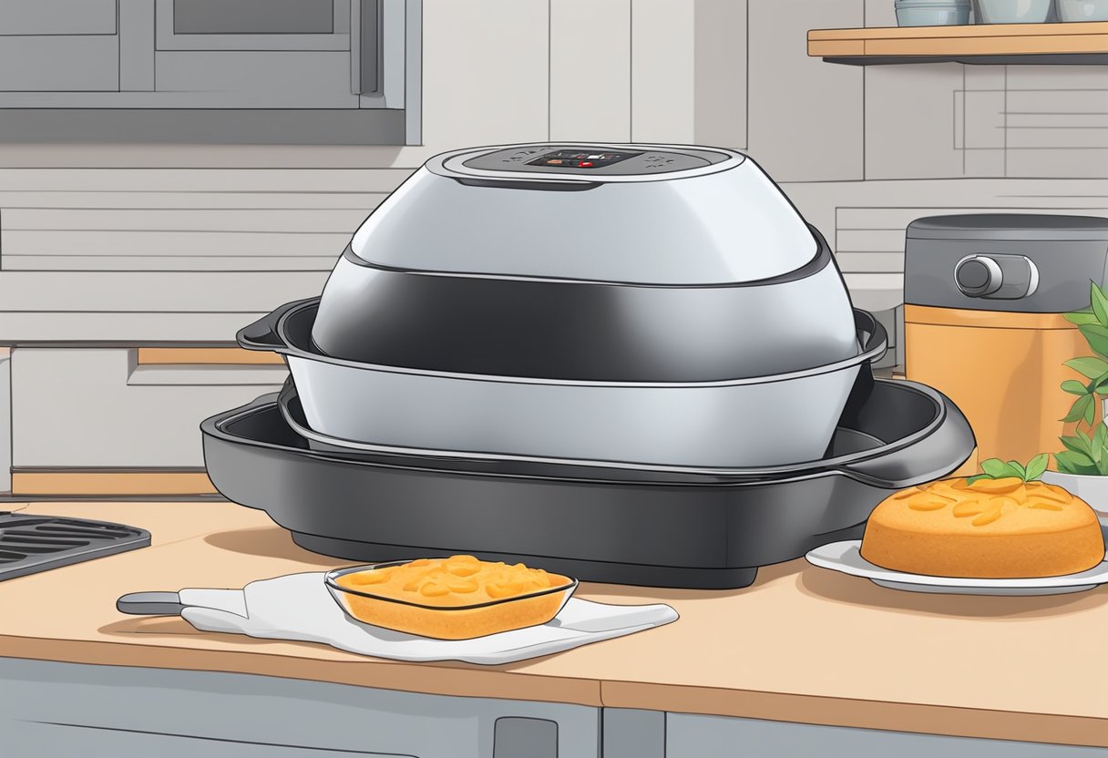 Silicone bakeware sits inside an air fryer, ready for baking