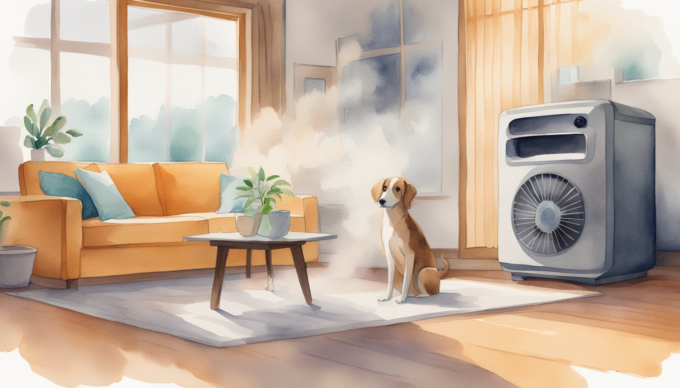 A dog sheds hair in a living room.</p><p>An air purifier sits nearby, capturing and filtering the hair particles from the air