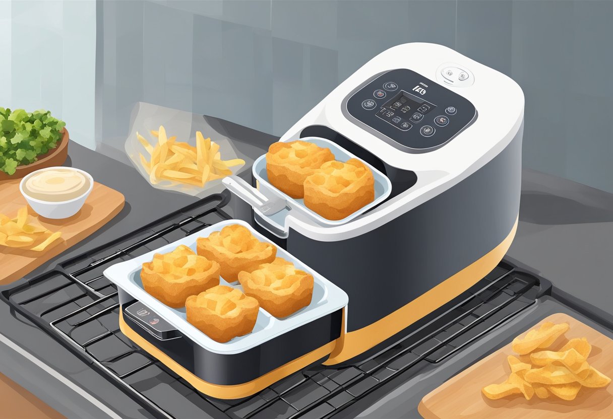 A silicone baking mat fits inside an air fryer basket. The air fryer's heating element crisps the food on the mat