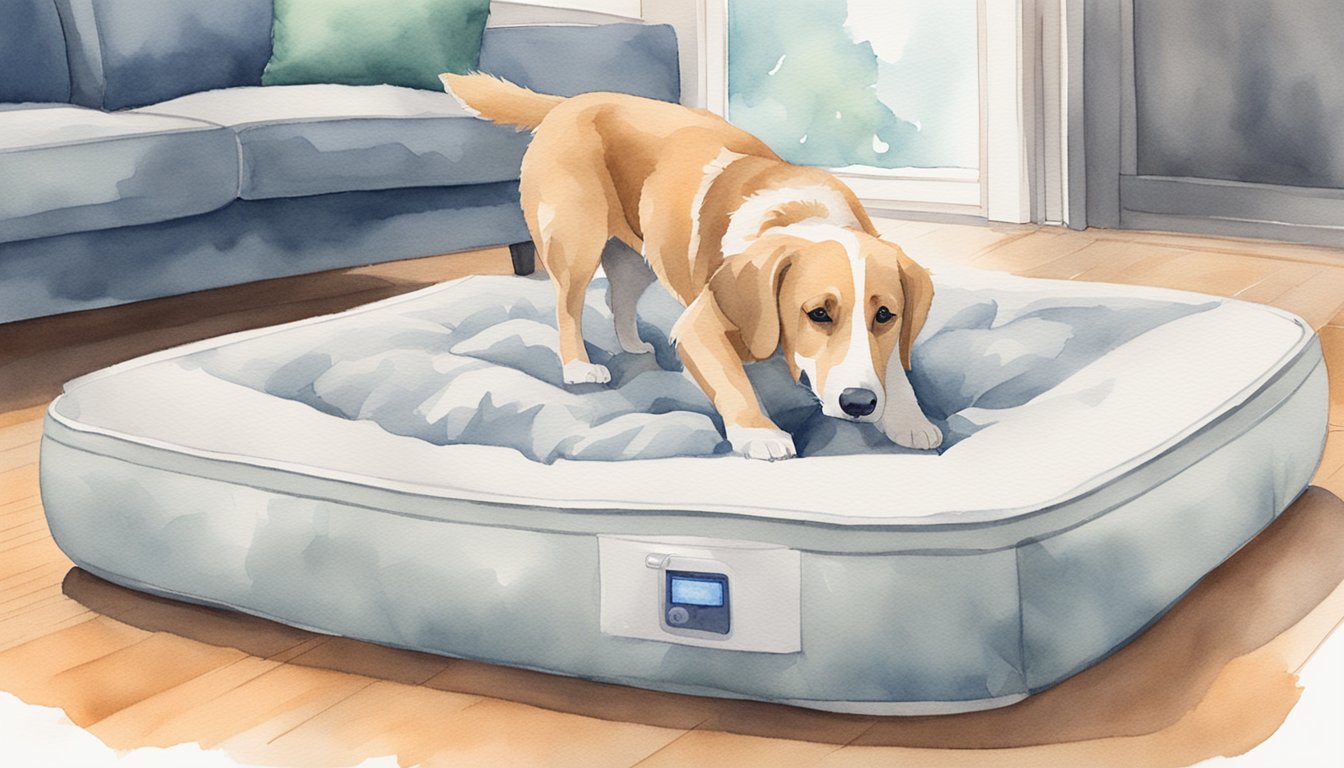 A person placing an air purifier near a dog bed, with dog hair visible in the air