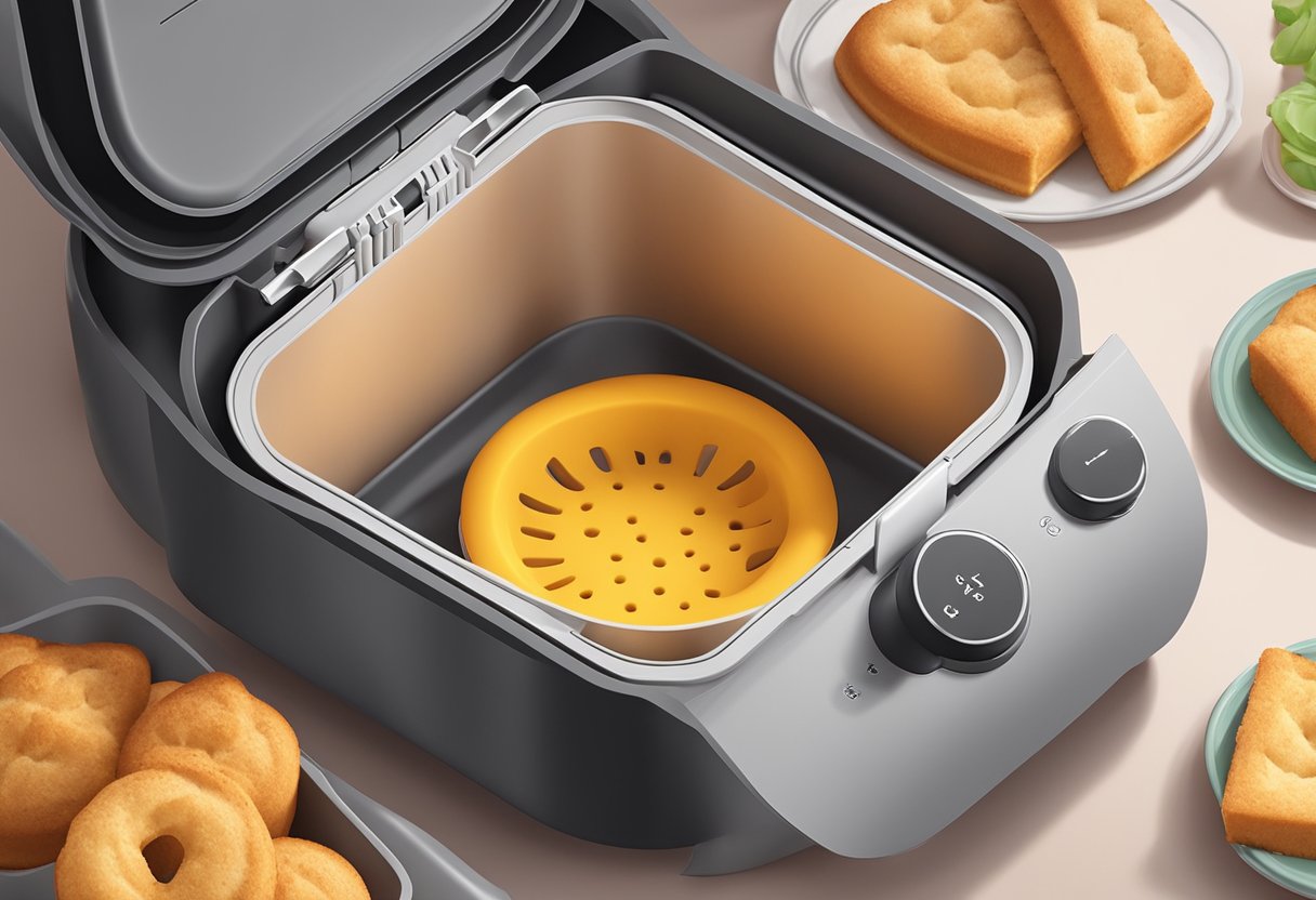 A silicone baking mold sits inside an air fryer, with a question mark above it