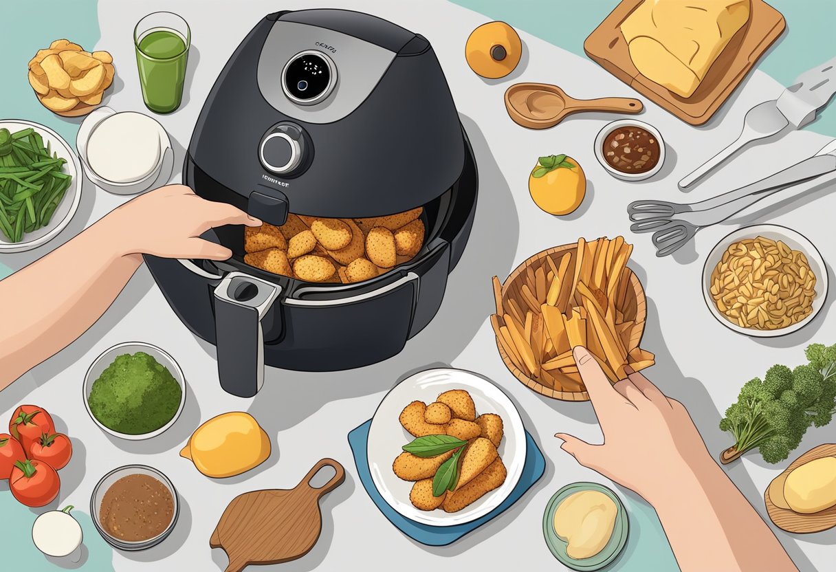 A hand reaching into an air fryer with a silicone baking mat inside, surrounded by various kitchen utensils and ingredients