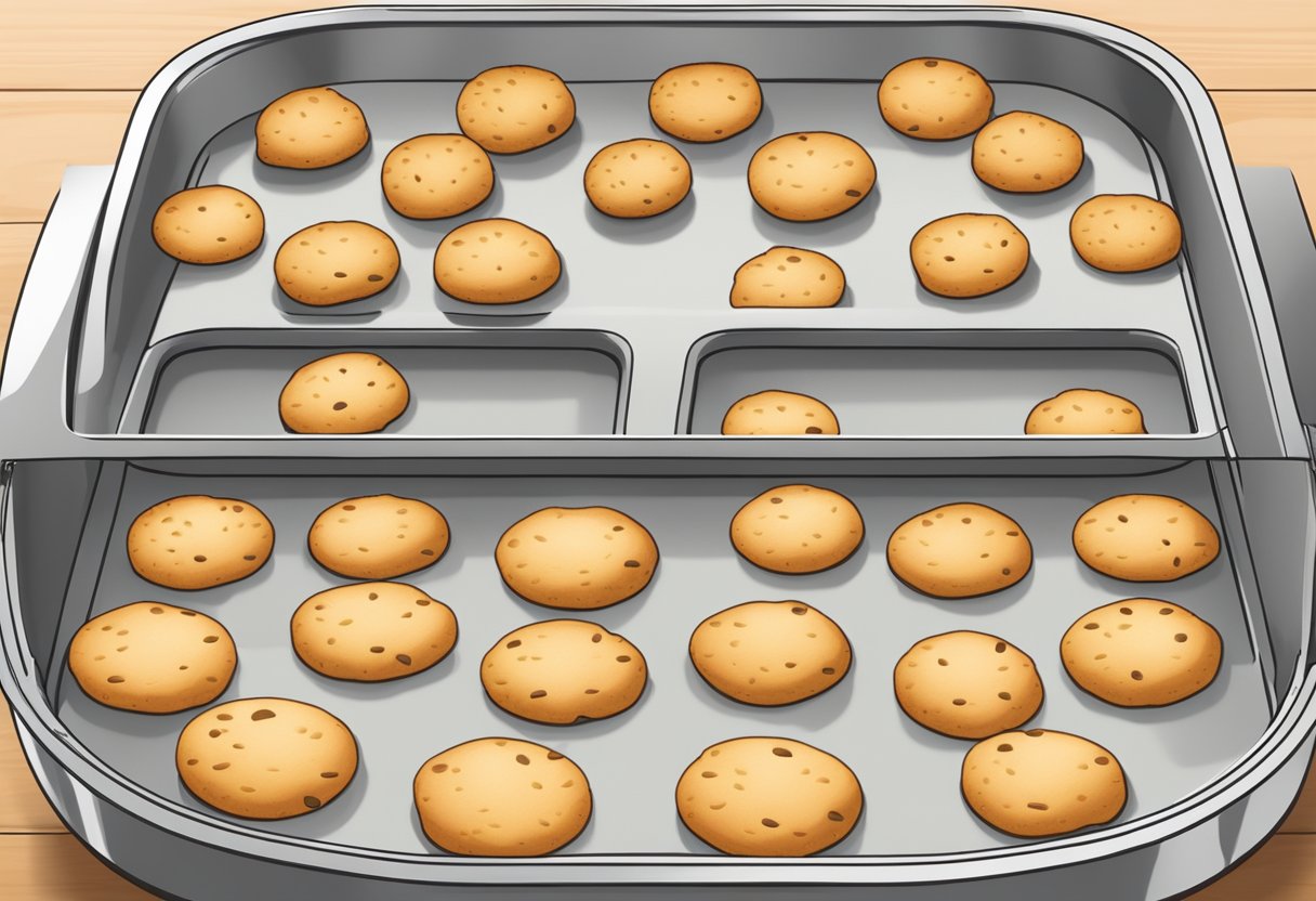 A silicone baking mat fits snugly inside an air fryer basket, with a tray of evenly spaced cookies ready to be cooked