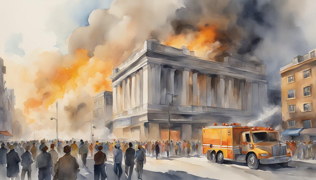 A crowded city street, with smoke and debris filling the air.</p><p>Emergency vehicles rush towards a towering building engulfed in flames.</p><p>Onlookers watch in shock and horror