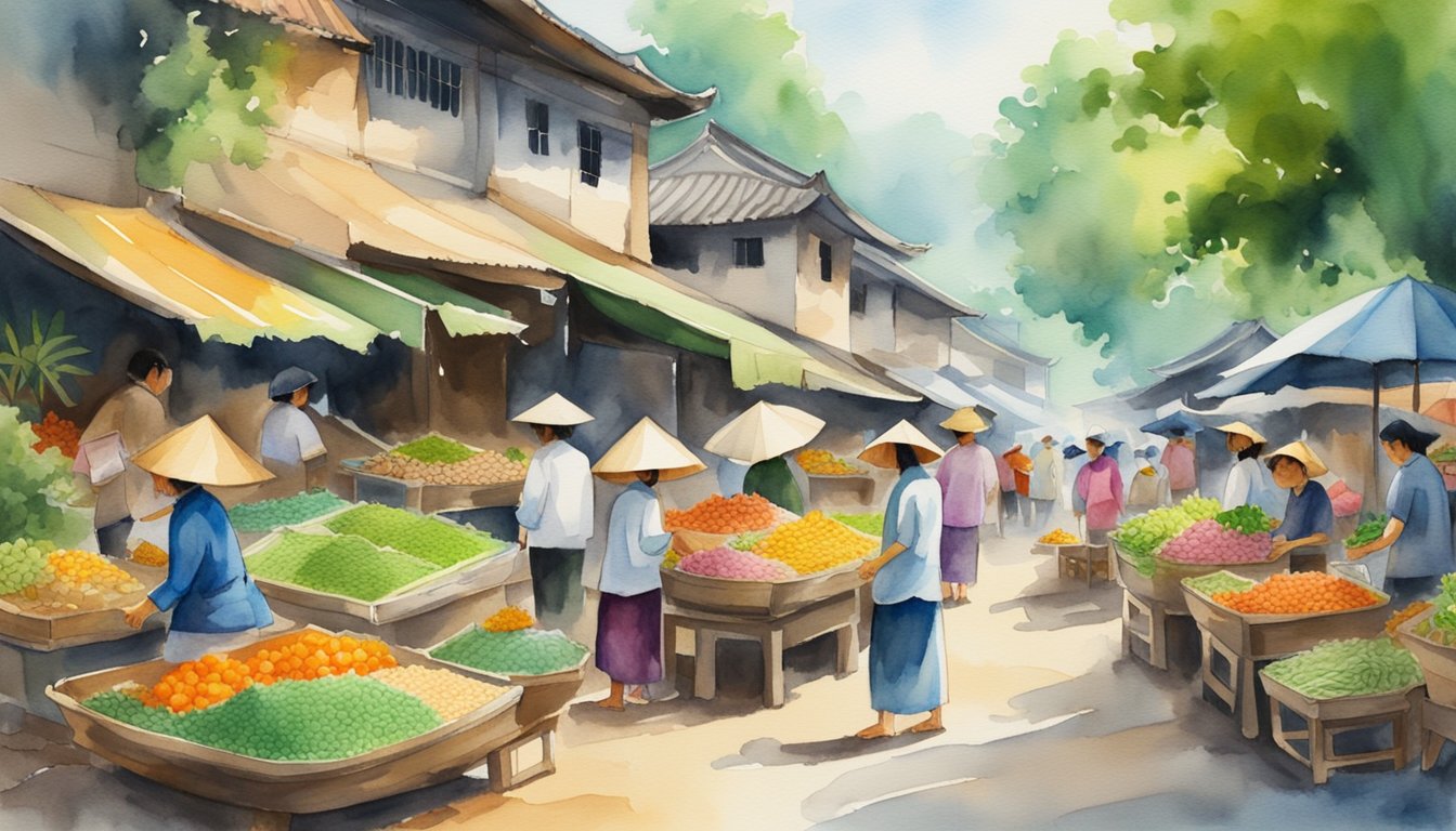 A bustling market with vendors selling traditional Vietnamese goods, surrounded by lush green rice paddies and vibrant cultural symbols