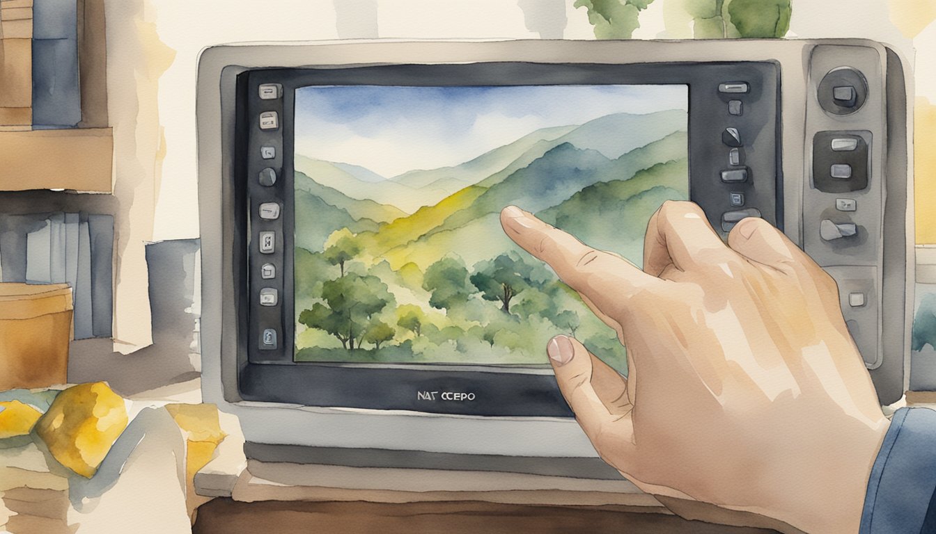 A hand reaches for the remote, pressing buttons to activate Nat Geo TV on the screen