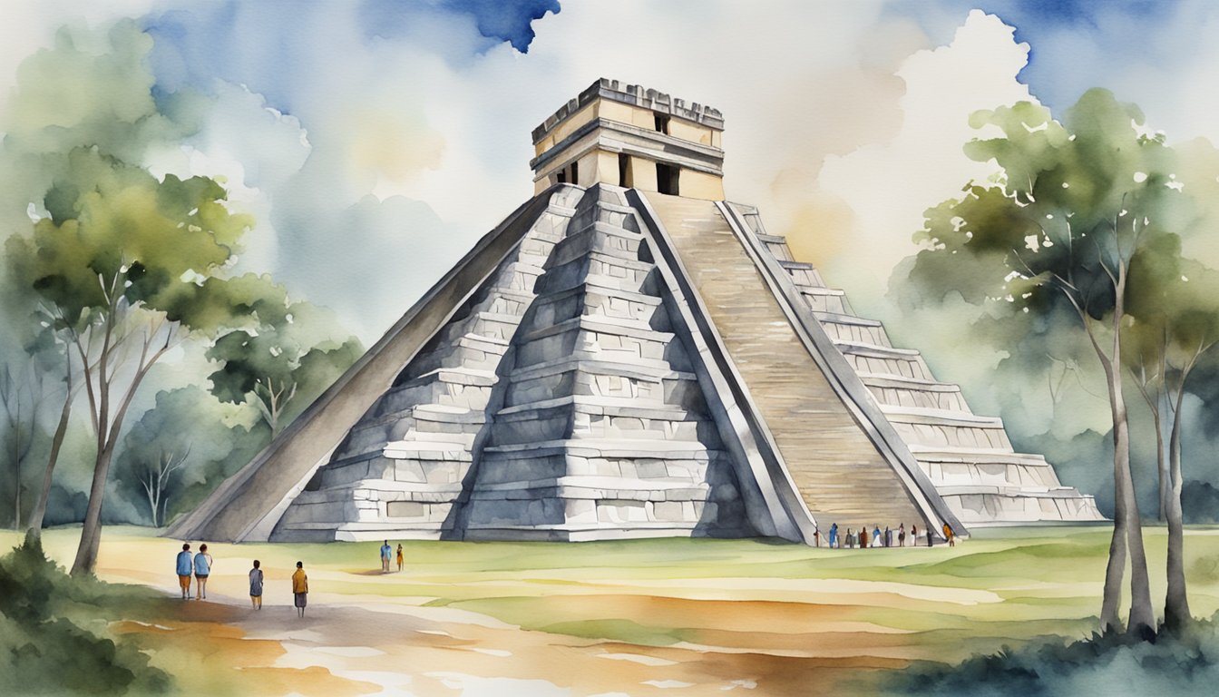 The towering pyramid of Kukulcan dominates the ancient city of Chichen Itza, surrounded by other impressive structures and marvels of Mayan architecture