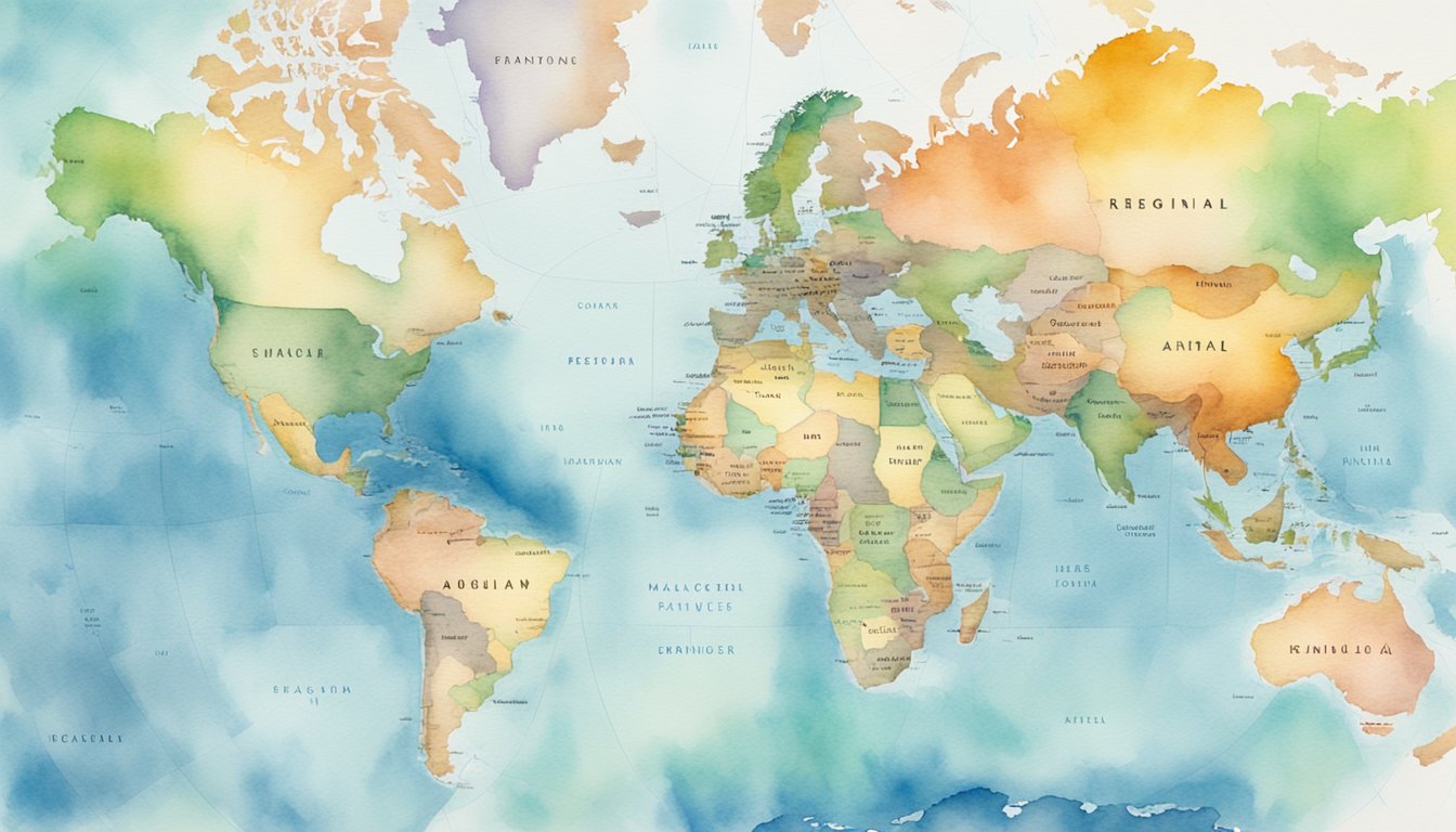 A map of the world and regional areas with labeled geographical features and boundaries