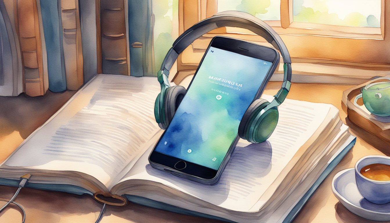 An open book with headphones plugged into a smartphone displaying the "Maximizing Your Audiobook Experience" app.</p><p>A cozy reading nook with a warm lamp and a cup of tea completes the scene