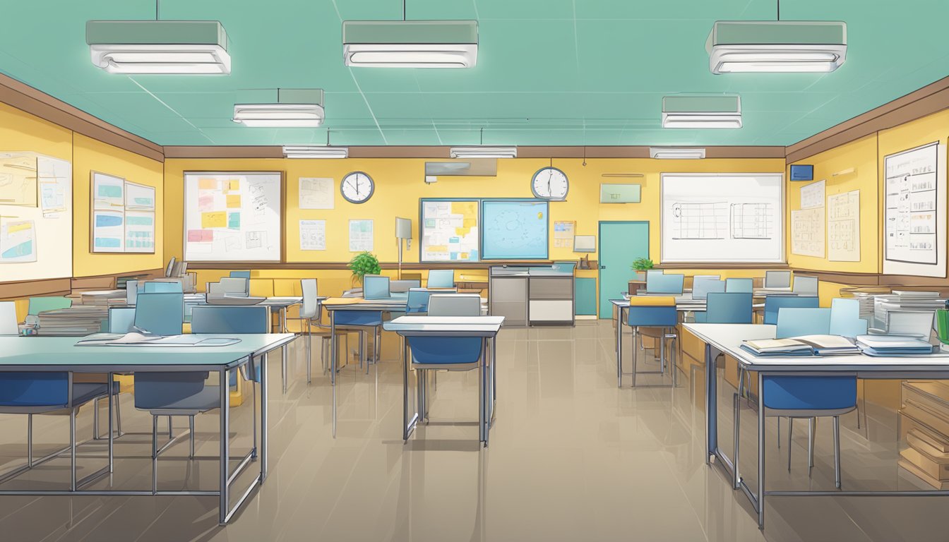 A brightly lit tuition centre with an open sign, a row of desks, and a whiteboard filled with equations and diagrams