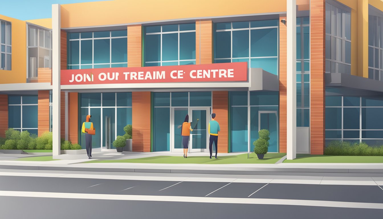 A bright, welcoming sign outside a modern building with "Join Our Team tuition centre hiring" in bold, inviting letters