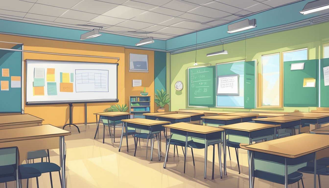 A brightly lit classroom with rows of desks and a whiteboard. A sign on the wall reads "Academic Excellence Tuition Centre Hiring."