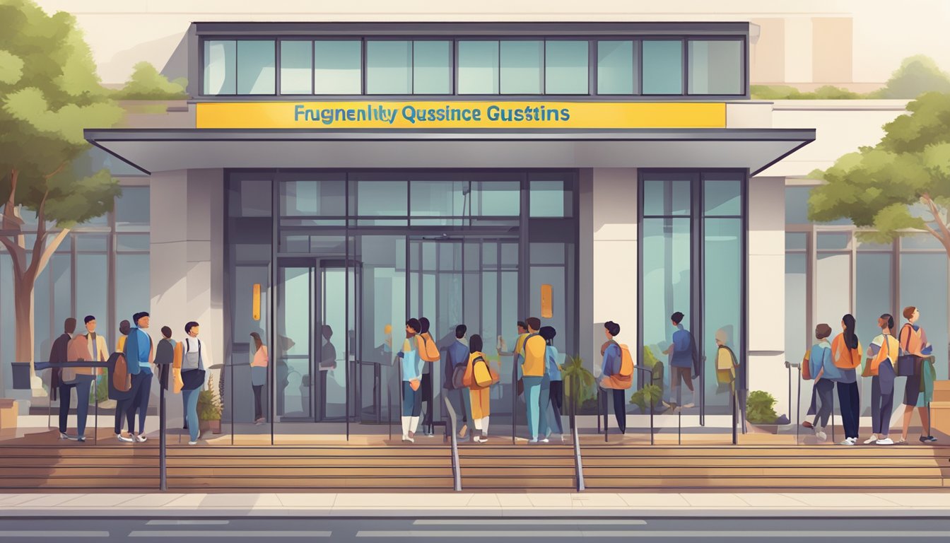 A bright and welcoming tuition centre with a sign reading "Frequently Asked Questions" and a line of eager students waiting to enter
