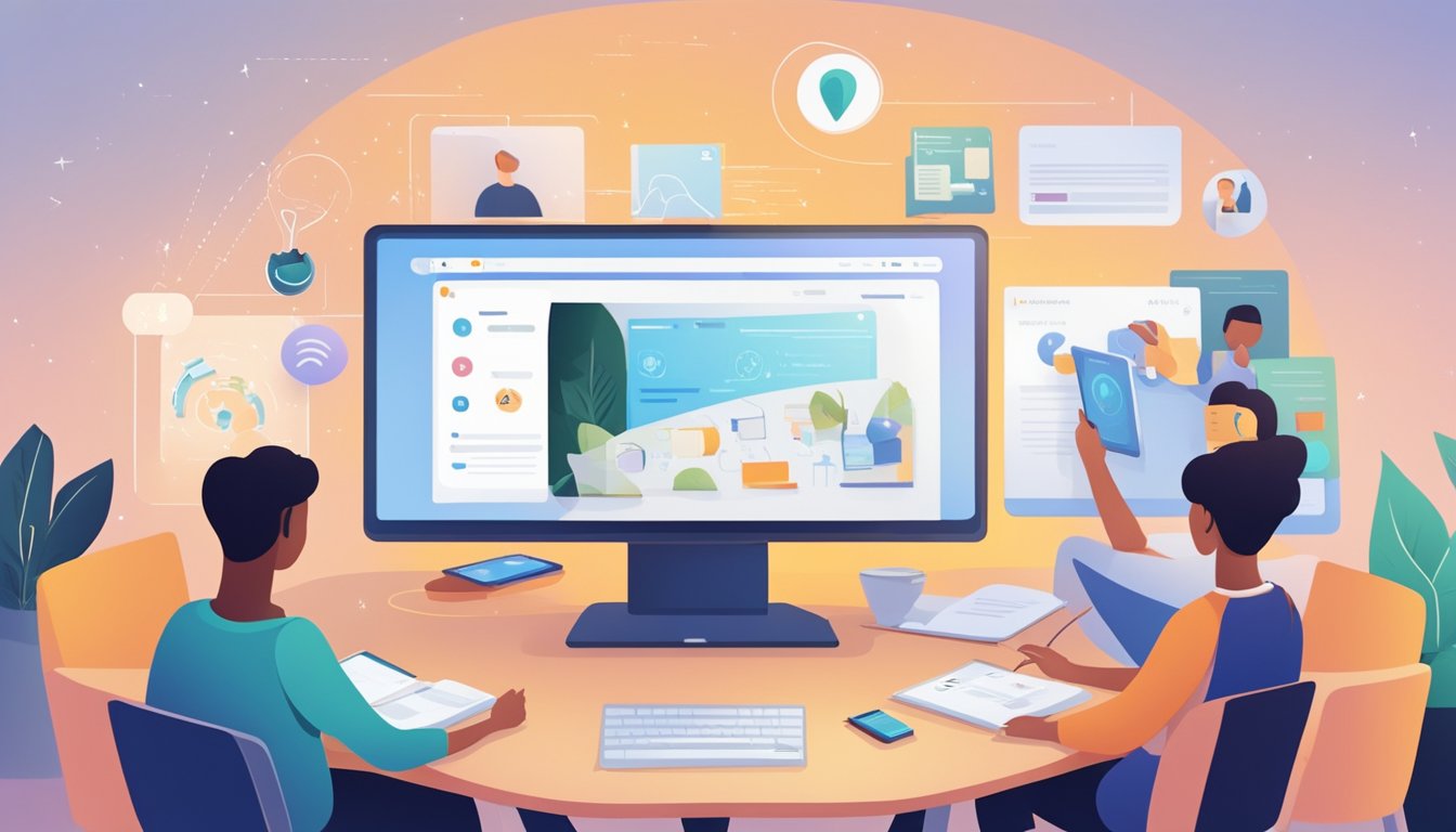 Students engage with interactive online lessons, sharing and discussing educational content, while the platform showcases success stories and testimonials