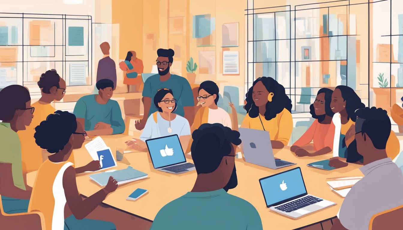 A diverse group of people engage in lively discussions and share resources on a vibrant Facebook group dedicated to community-driven tuition