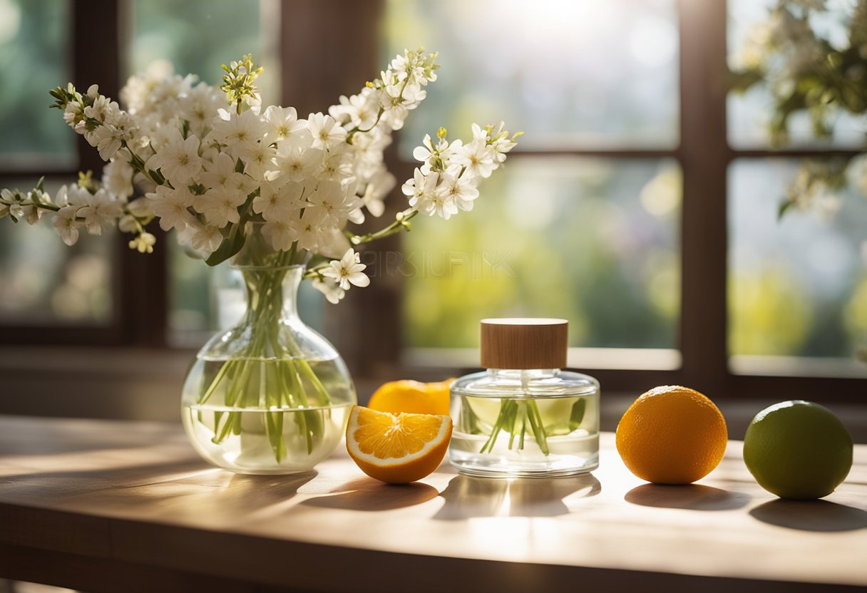 A glass diffuser sits on a wooden table surrounded by fresh spring flowers and citrus fruits. The soft sunlight filters through the window, casting a warm glow on the scene