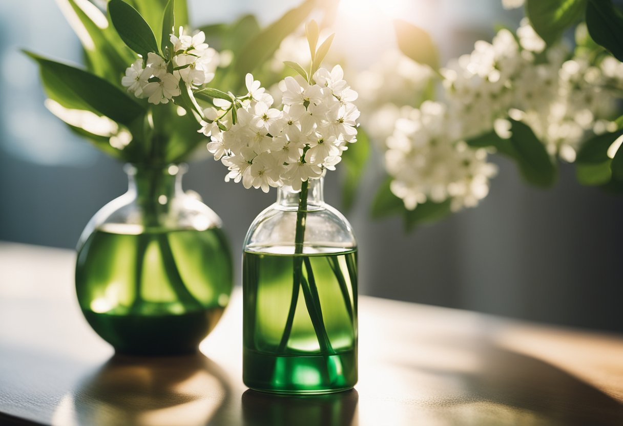 A diffuser releasing spring scents into a sunlit room with blooming flowers and fresh greenery